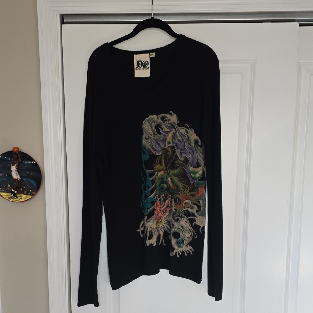 Black V-Neck Sweater with Dragon Design